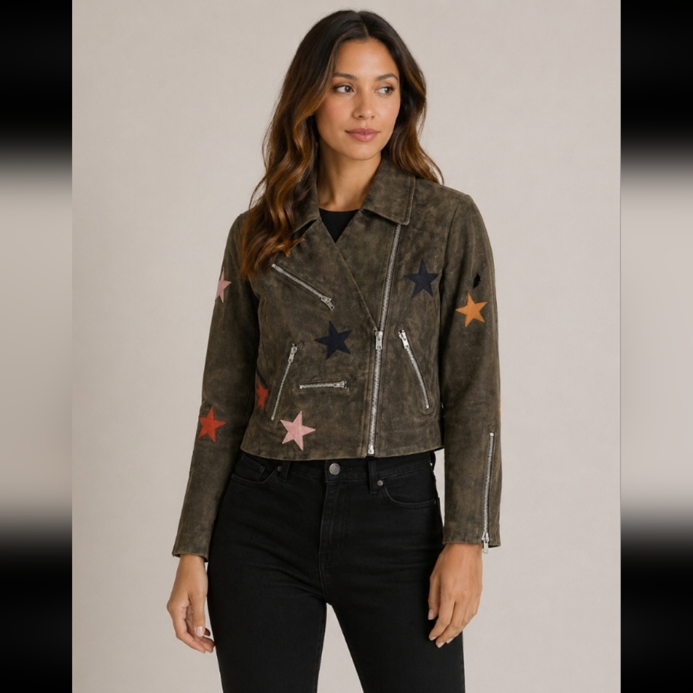 OLIVACEOUS Small Moto Fuax Suede Star Zipper Pockets Detail Jacket